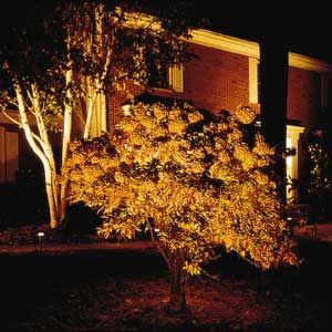 A house with outdoor lighting.