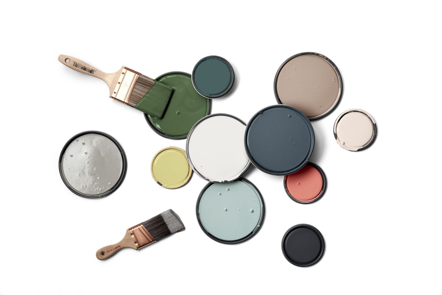 Gallons of paint in several different colors and paint brushes.