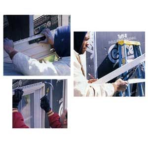 Three Images of a man installing vinyl siding in cold weather