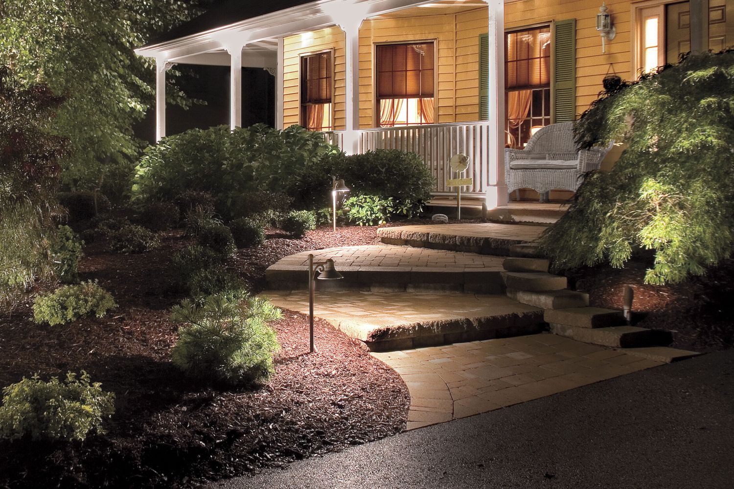 Path lighting in front of a house