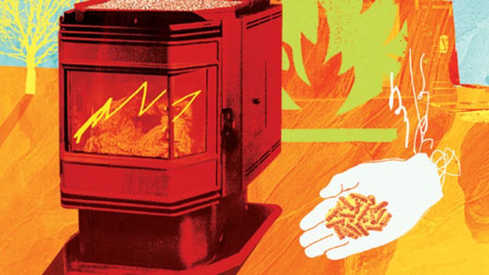 Illustration of a pellet stove with flames and a hand holding pellets.