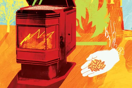 Illustration of a pellet stove with flames and a hand holding pellets.
