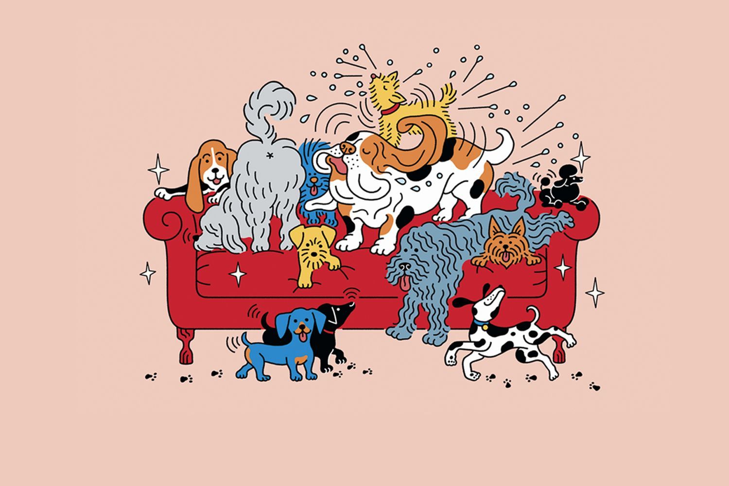 A picture of several dogs drawn in a cartoon style sitting on and around a red couch.