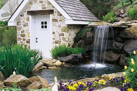 an outdoor pond with a storage building beside it.