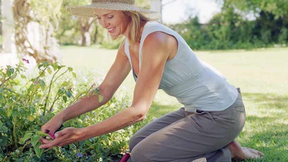 Image of a woman sitting in an ergonomic position to keep her gardening experience pain-free