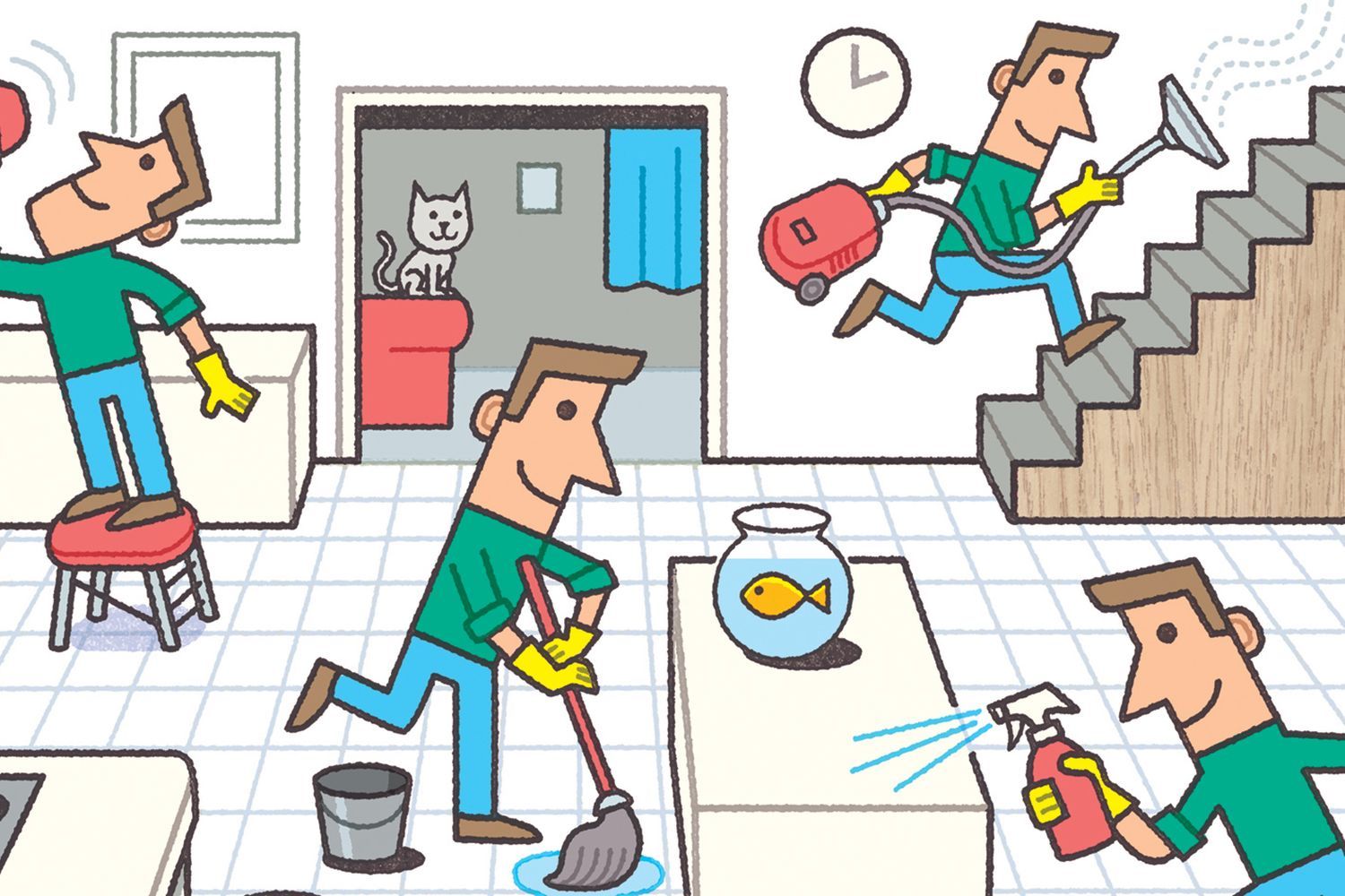 an illustration of speed cleaning a house