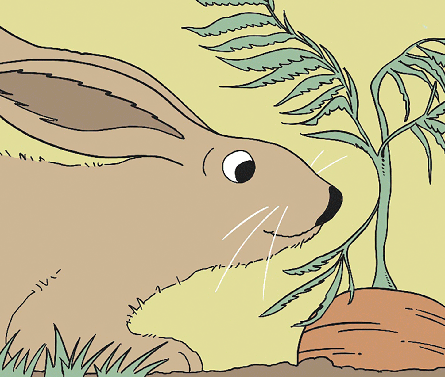 An illustration of a rabbit sniffing a garden plant.