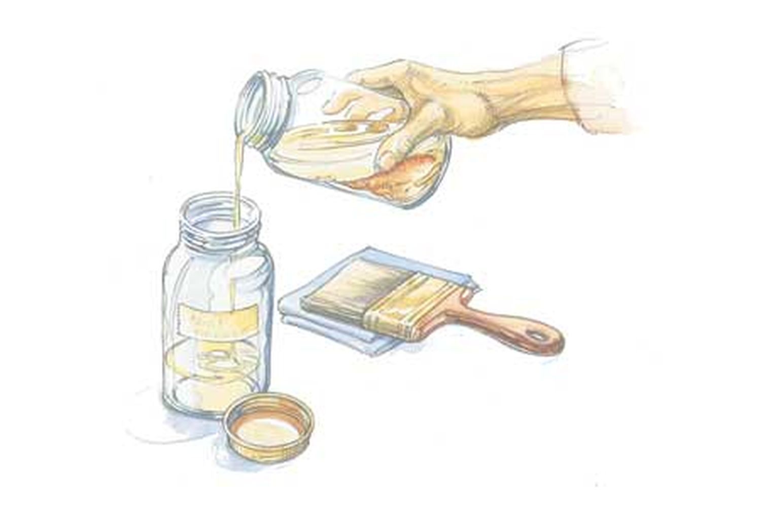 A drawing of paint thinner being poured into a bottle to be disposed of.