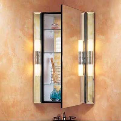 Medicine cabinet mirror with lights helps add storage and save space in a half bath.