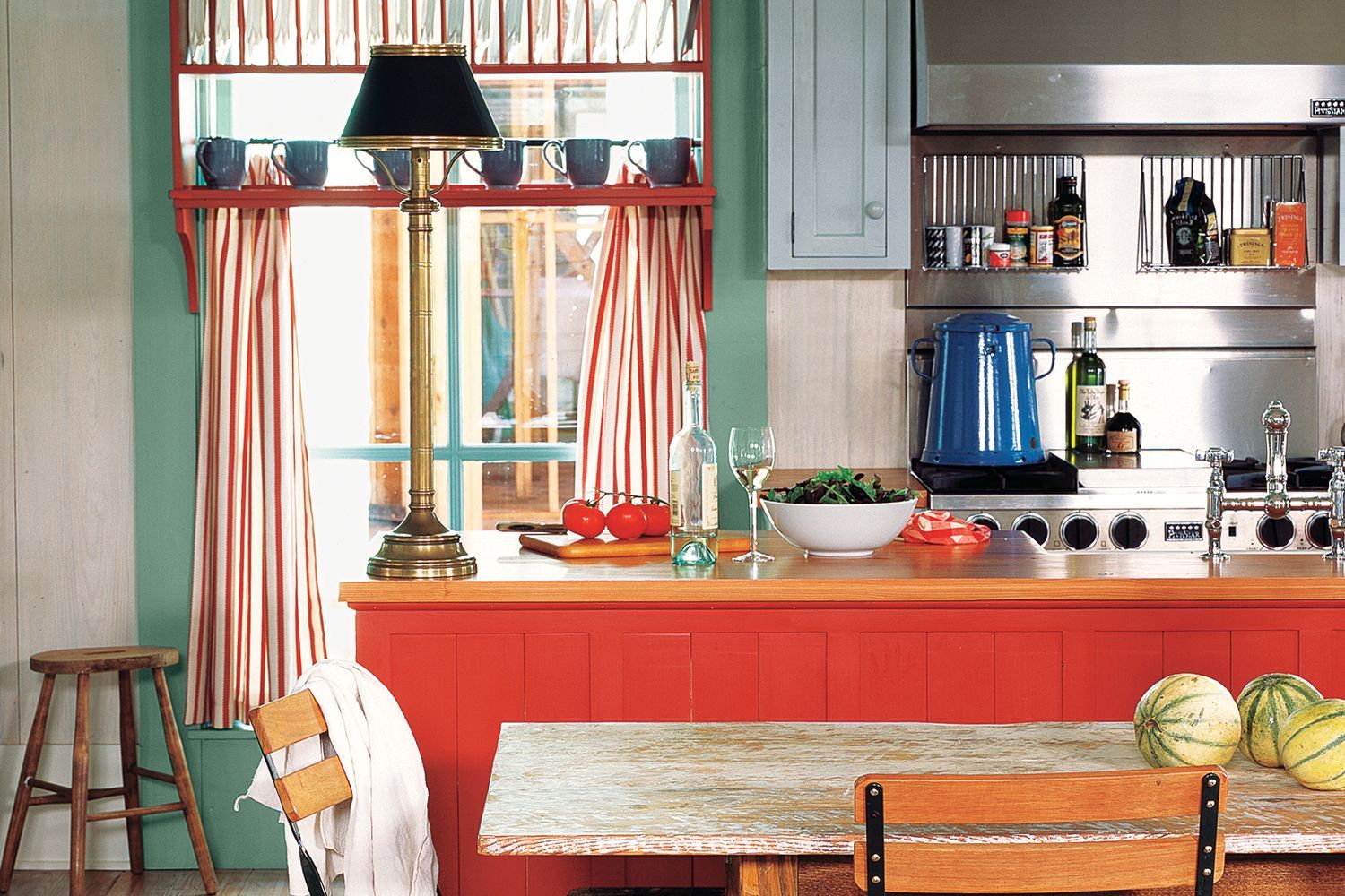 A rustic and colorful cottage kitchen.