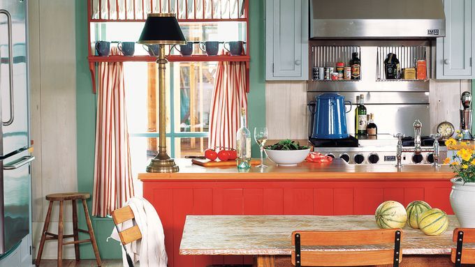 A rustic and colorful cottage kitchen.