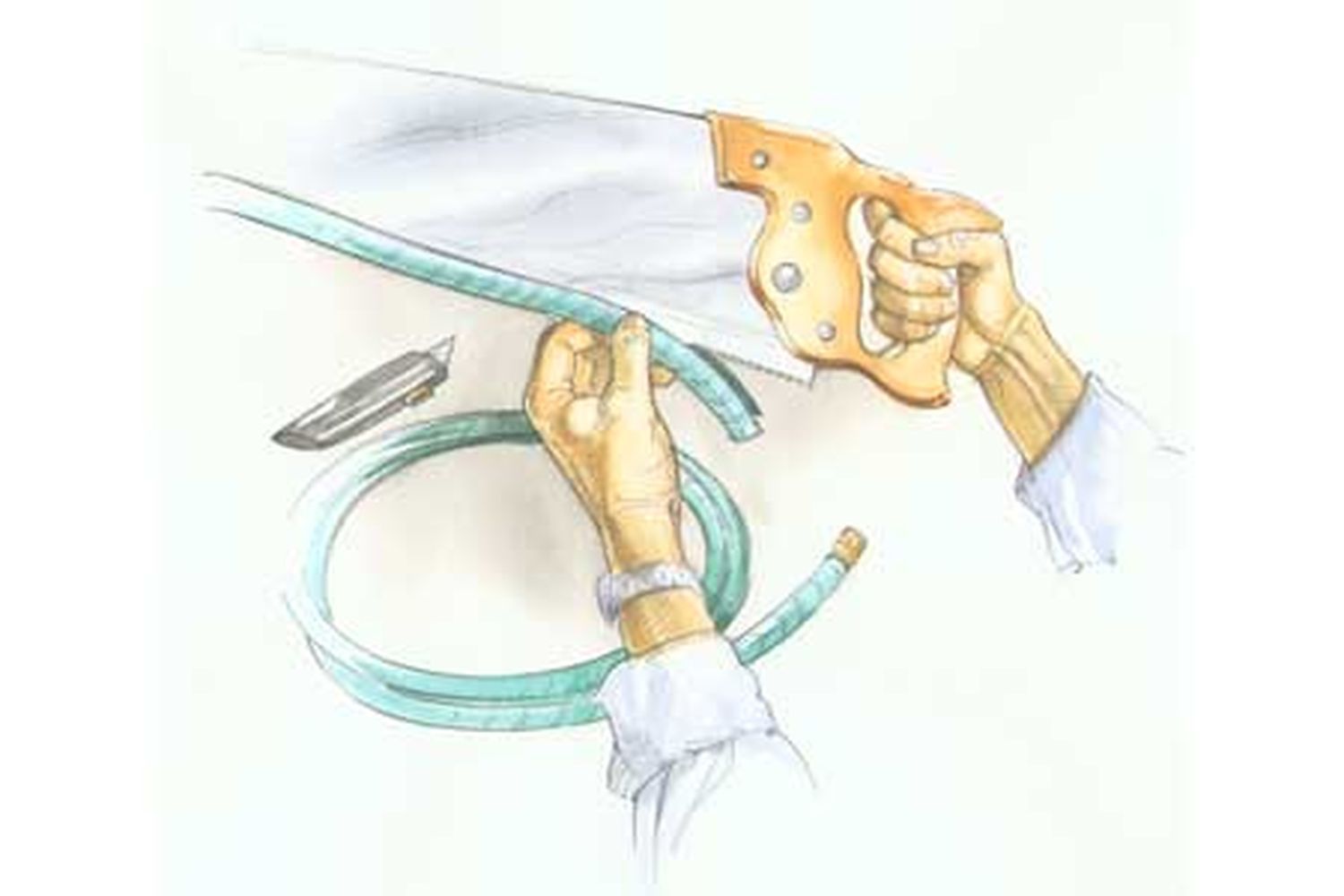 Illustration of a saw blade sheath being put on a handsaw.
