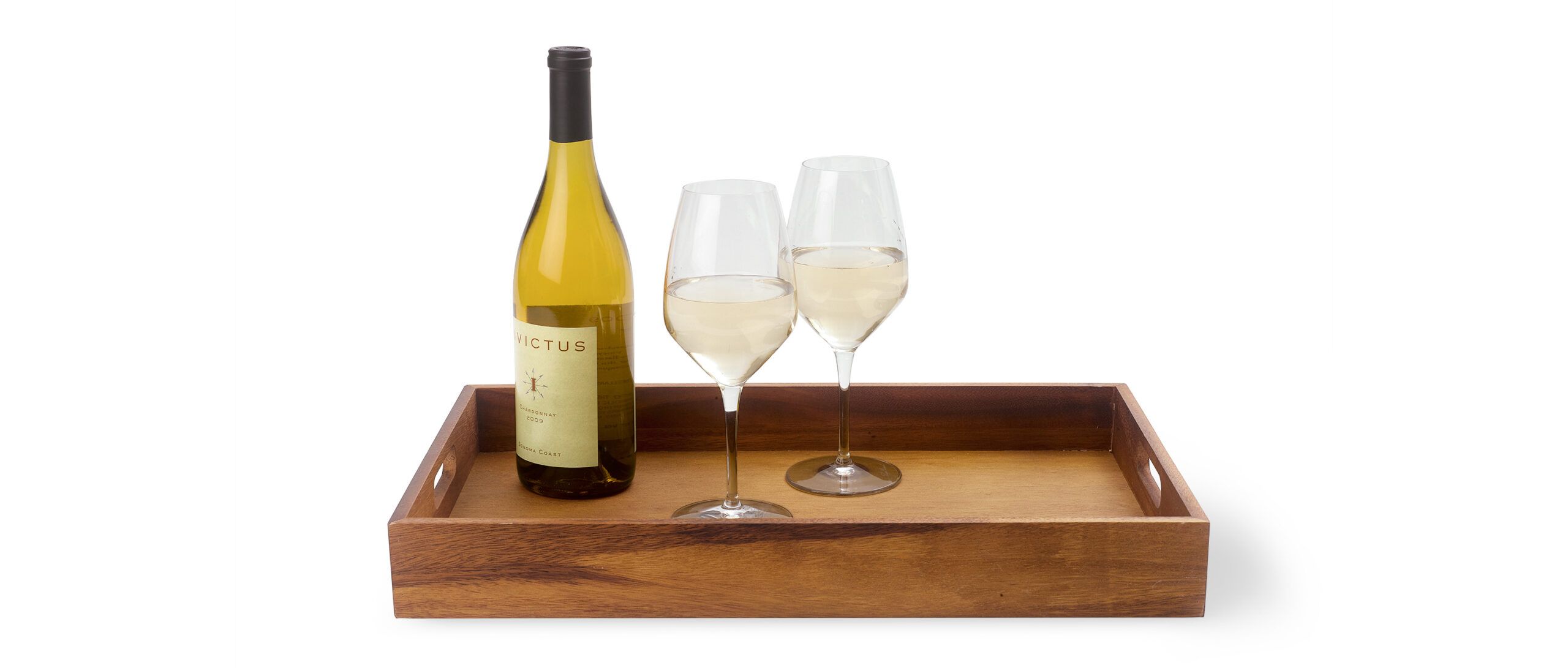 a serving tray with a wine bottle and glasses