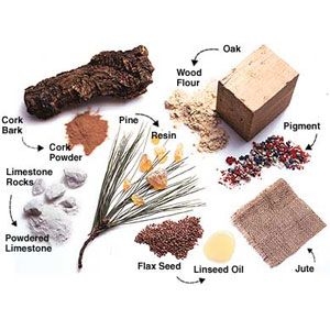 A labeled diagram of various materials, including jute, flax seed, limestone, cork bark, and oak.