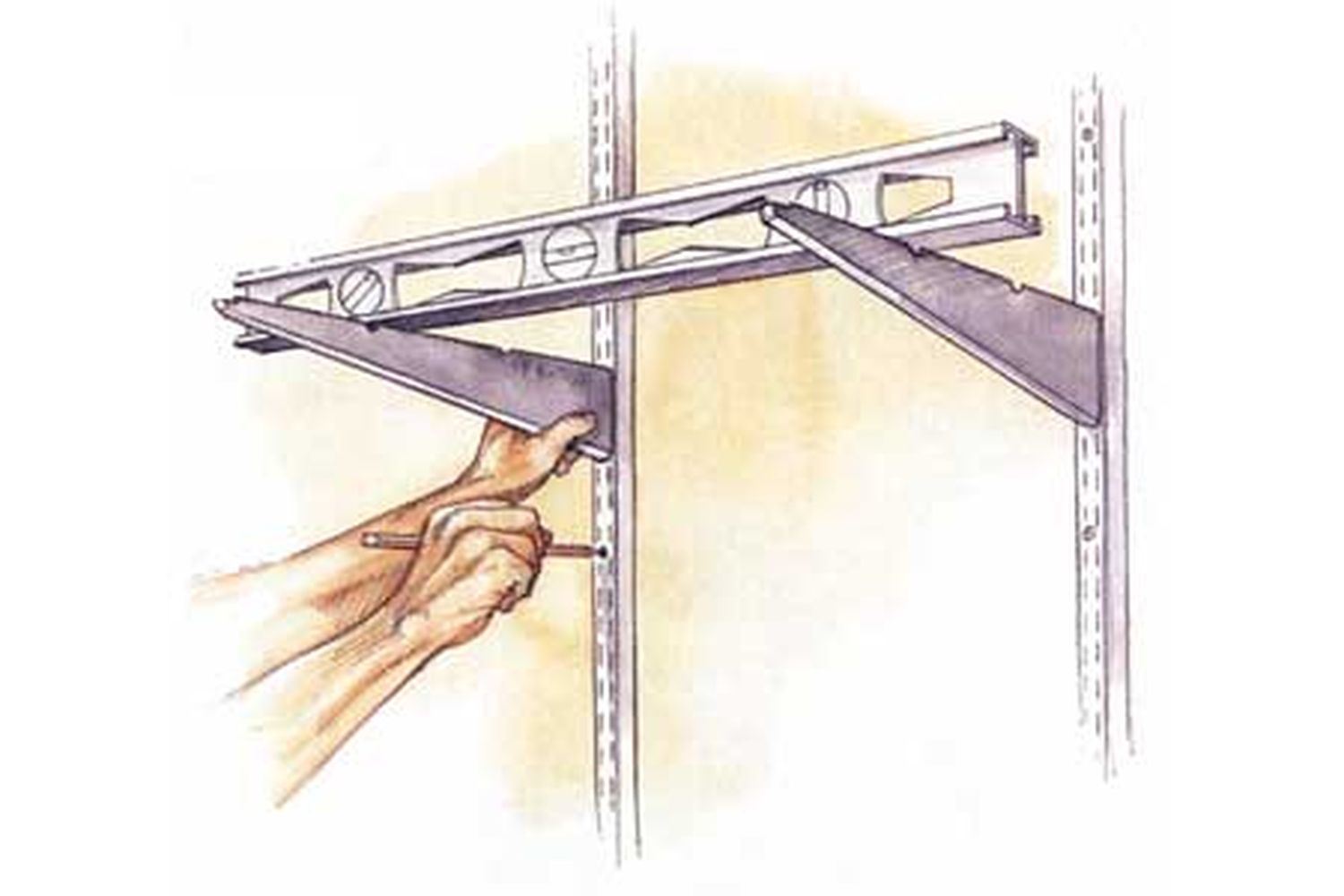 A drawing showing a shelf being aligned against a wall.