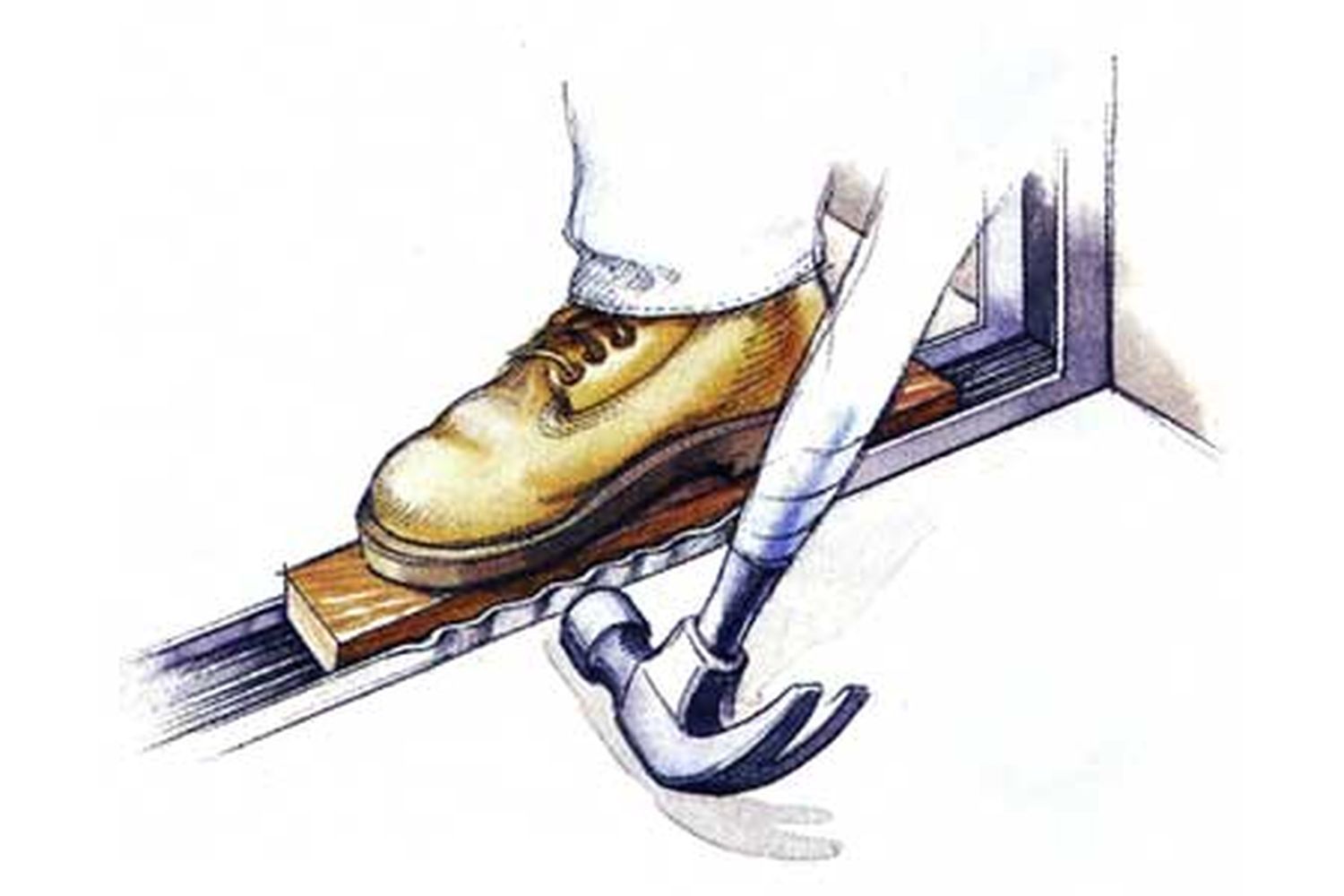 An illustration of a man using a hammer to fix a sliding door track.