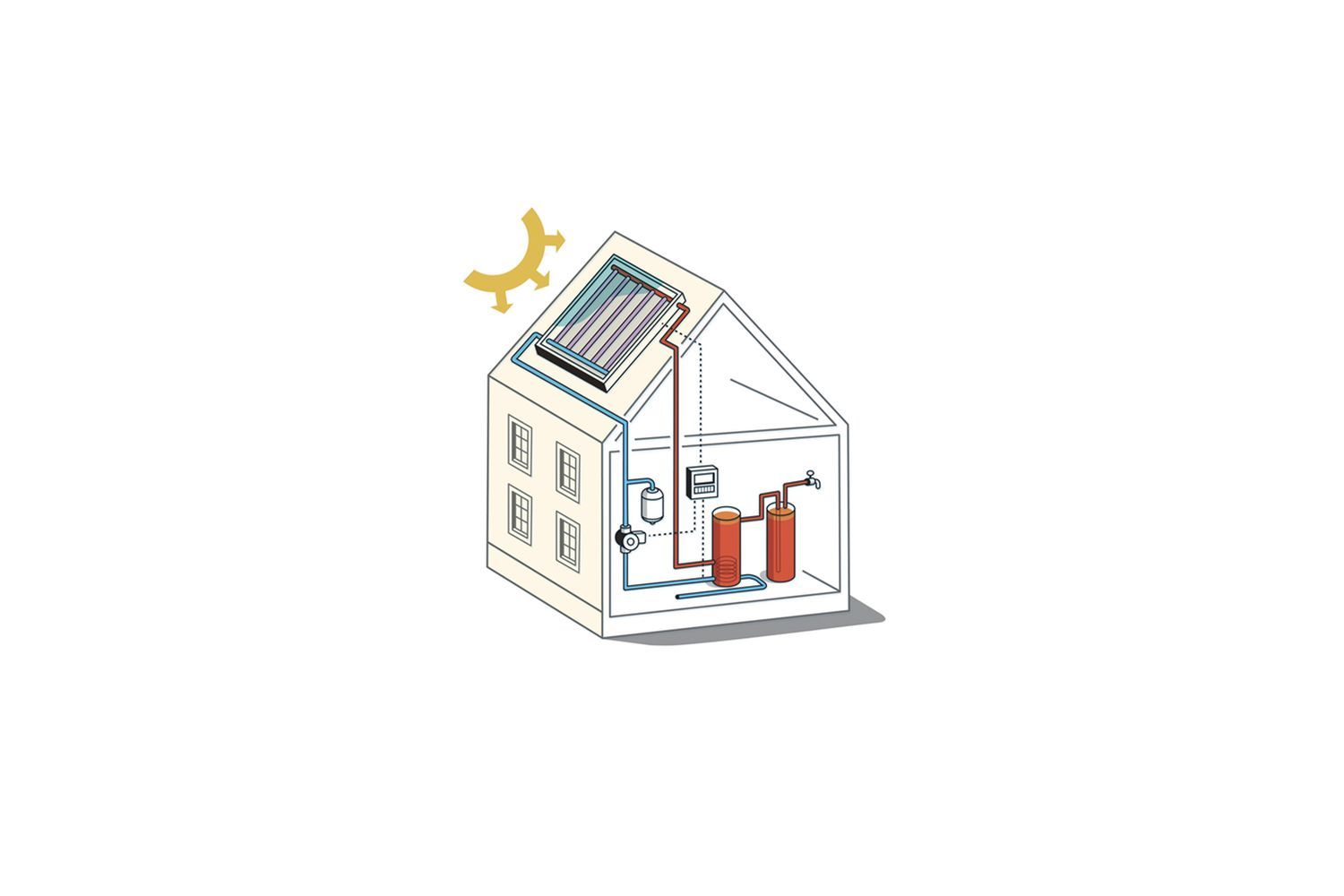 An illustration of a solar hot water system