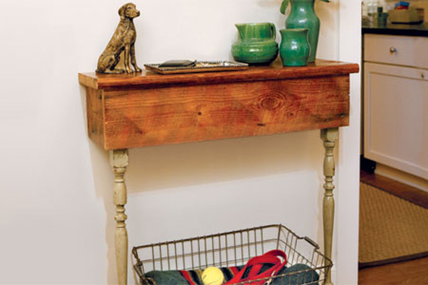 spindle table made from salvaged stair pieces.