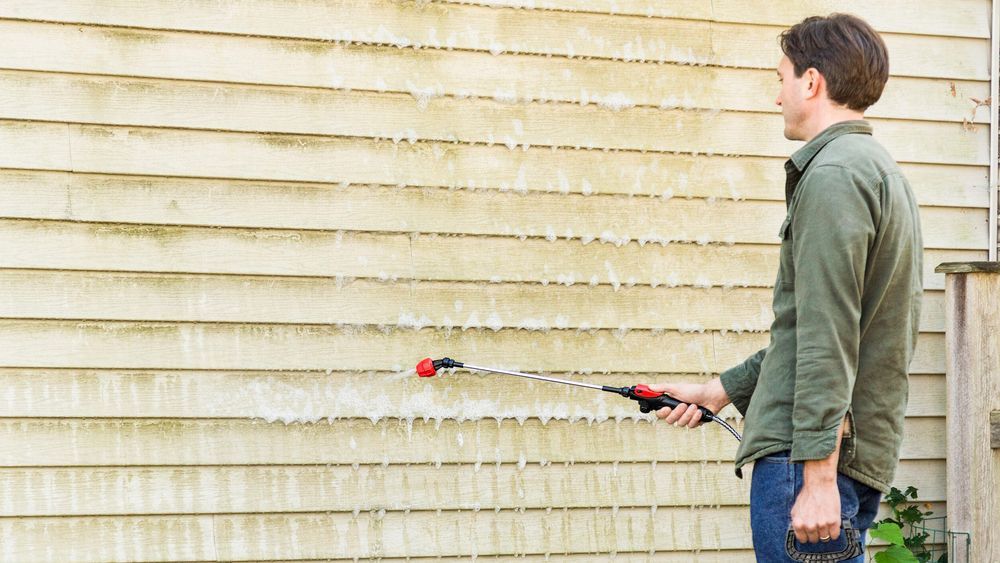 A man spraying siding with a power washer to remove mildew.