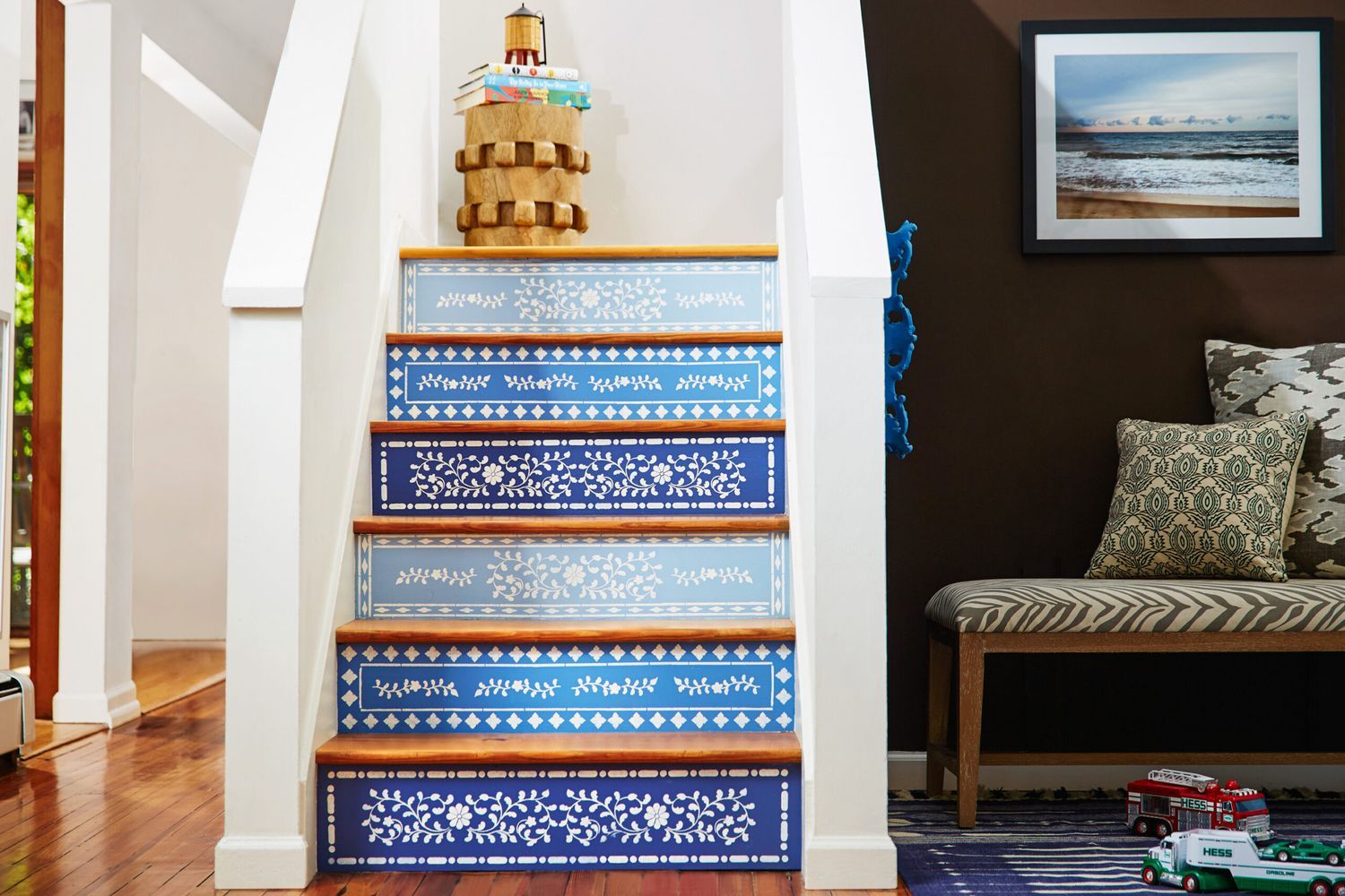Stencil painted stair risers.