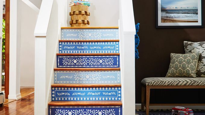 Stencil painted stair risers.