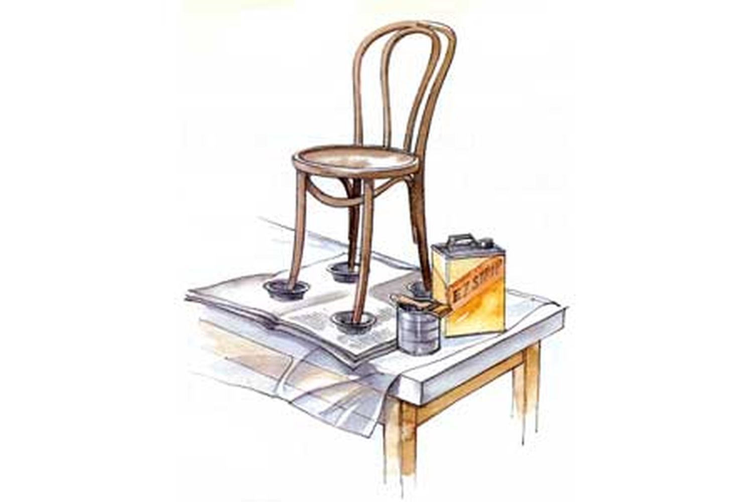 An illustration of chemical stripper sitting on a floor by a chair.