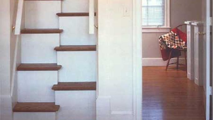 Alternate-tread stairs in a home leading up.