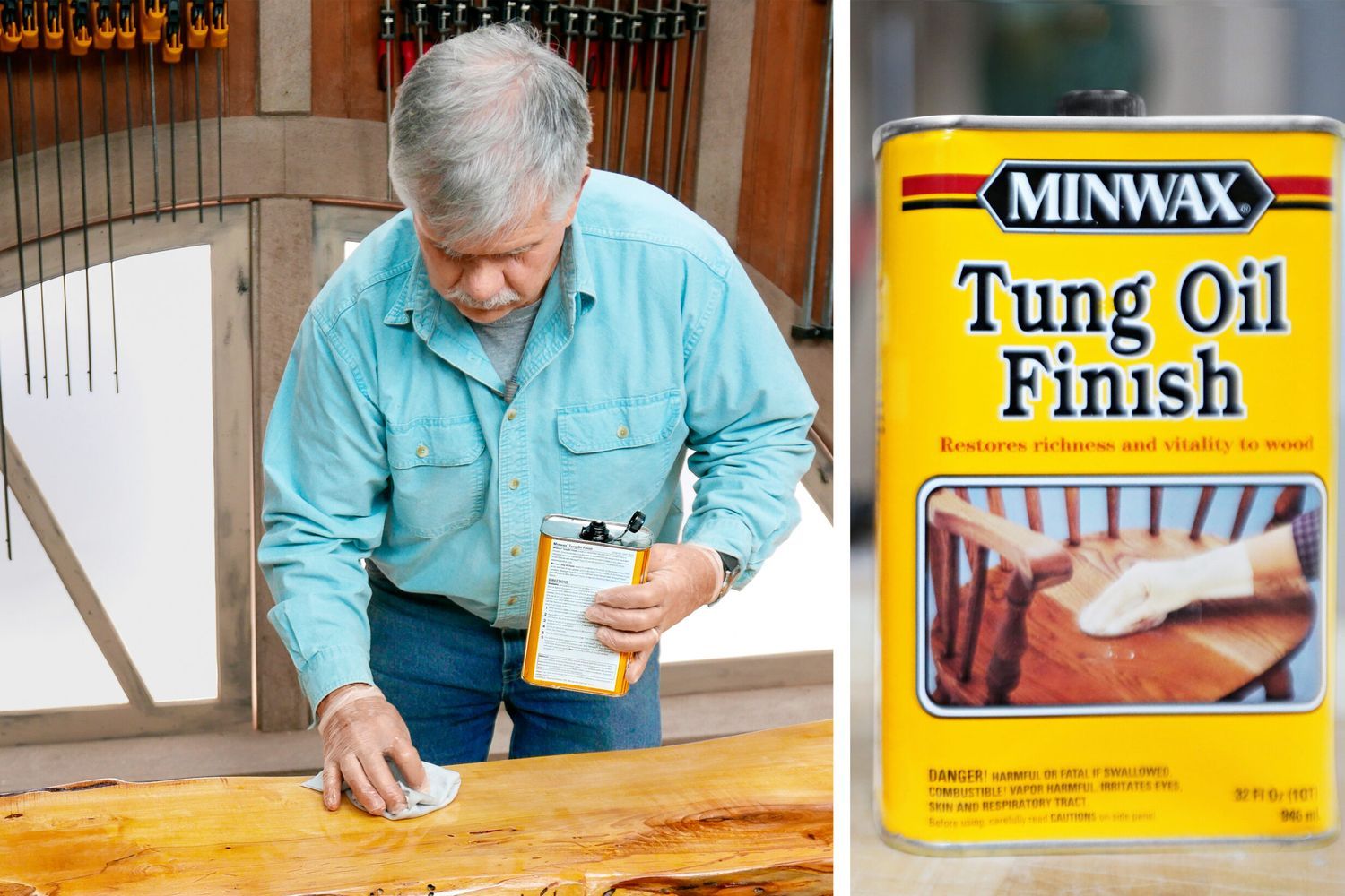 A man applying tung oil to a wooden table.