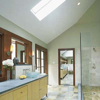 A bathroom with a skylight to maximize natural light.