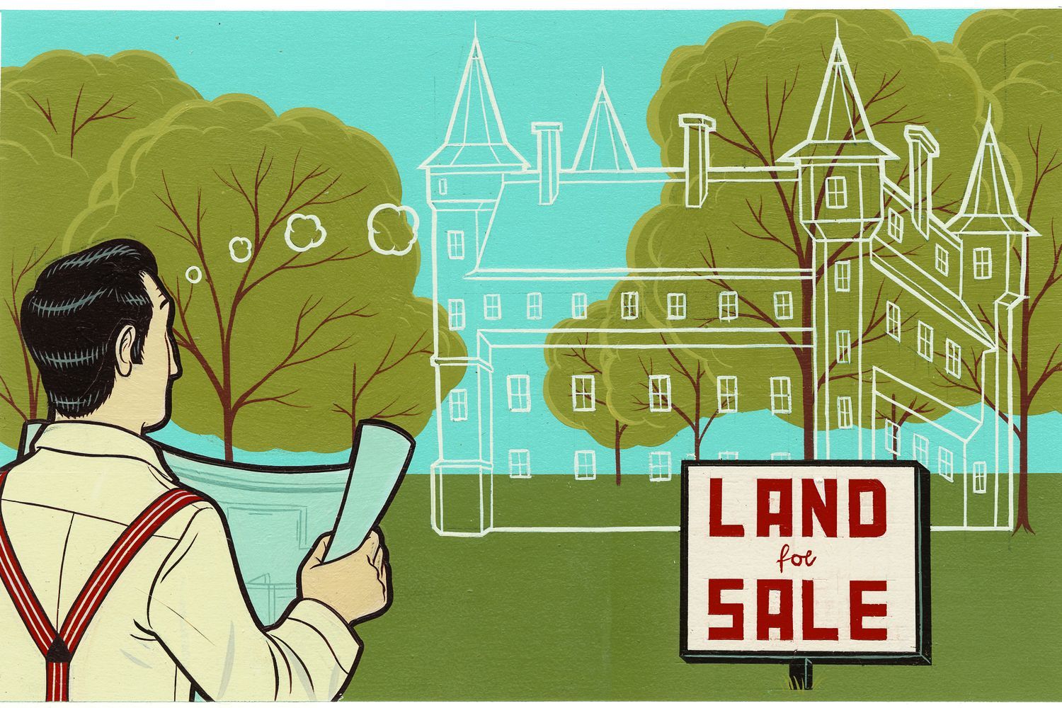 A drawing of a man looking at a land for sale sign and imagining a home on it.