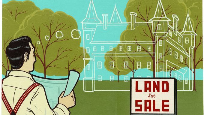 A drawing of a man looking at a land for sale sign and imagining a home on it.