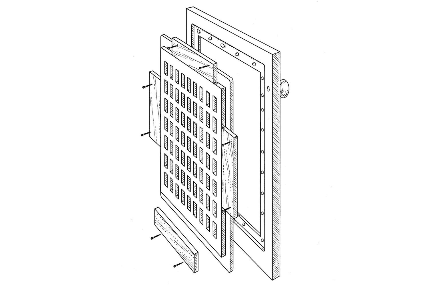 Illustration of how a ventilated cabinet door is build.