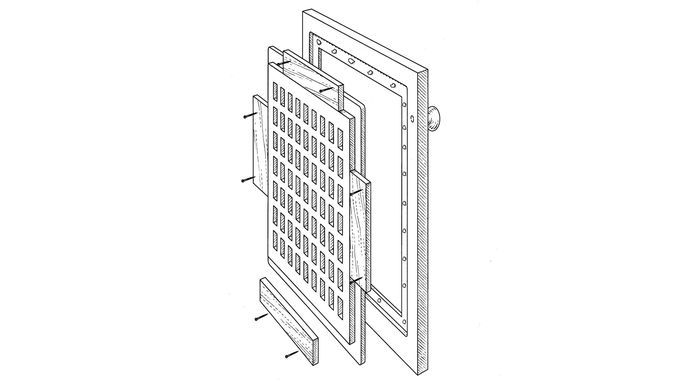 Illustration of how a ventilated cabinet door is build.