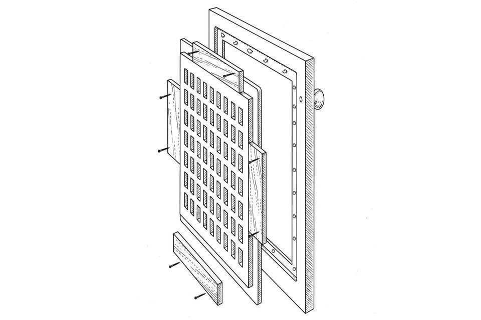 Illustration of how a ventilated cabinet door is build.