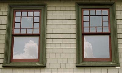 Red and green multi-pane windows 