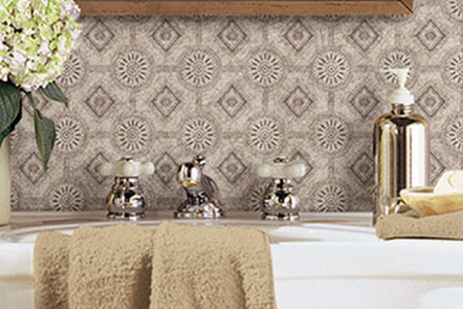 Wallpaper in a powder room bathroom.