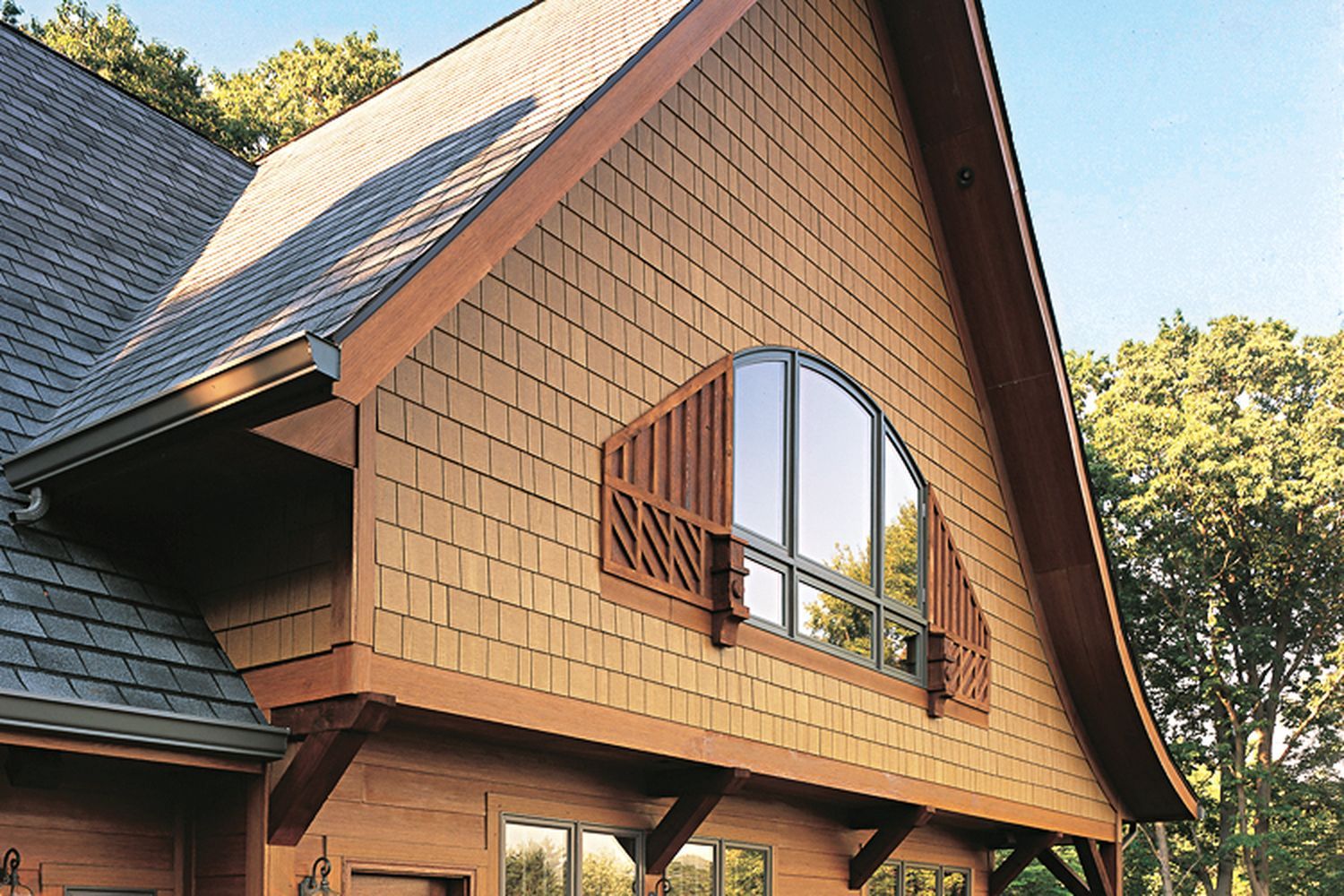 A home with wooden light brown siding.