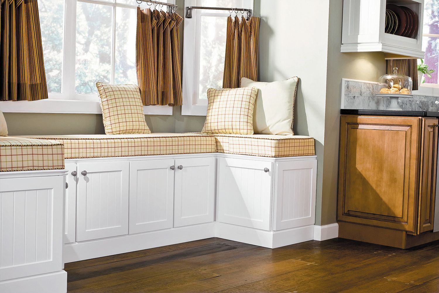 Sideboard window seat made out of stock cabinets.