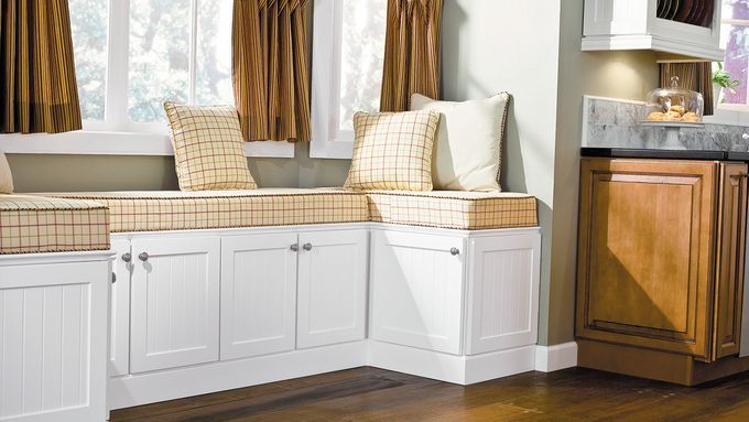 Sideboard window seat made out of stock cabinets.