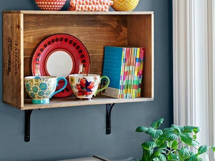 wine crate cubbie installed on a wall