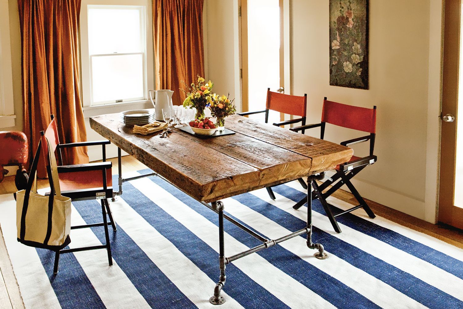 A wooden table made of salvaged wood.