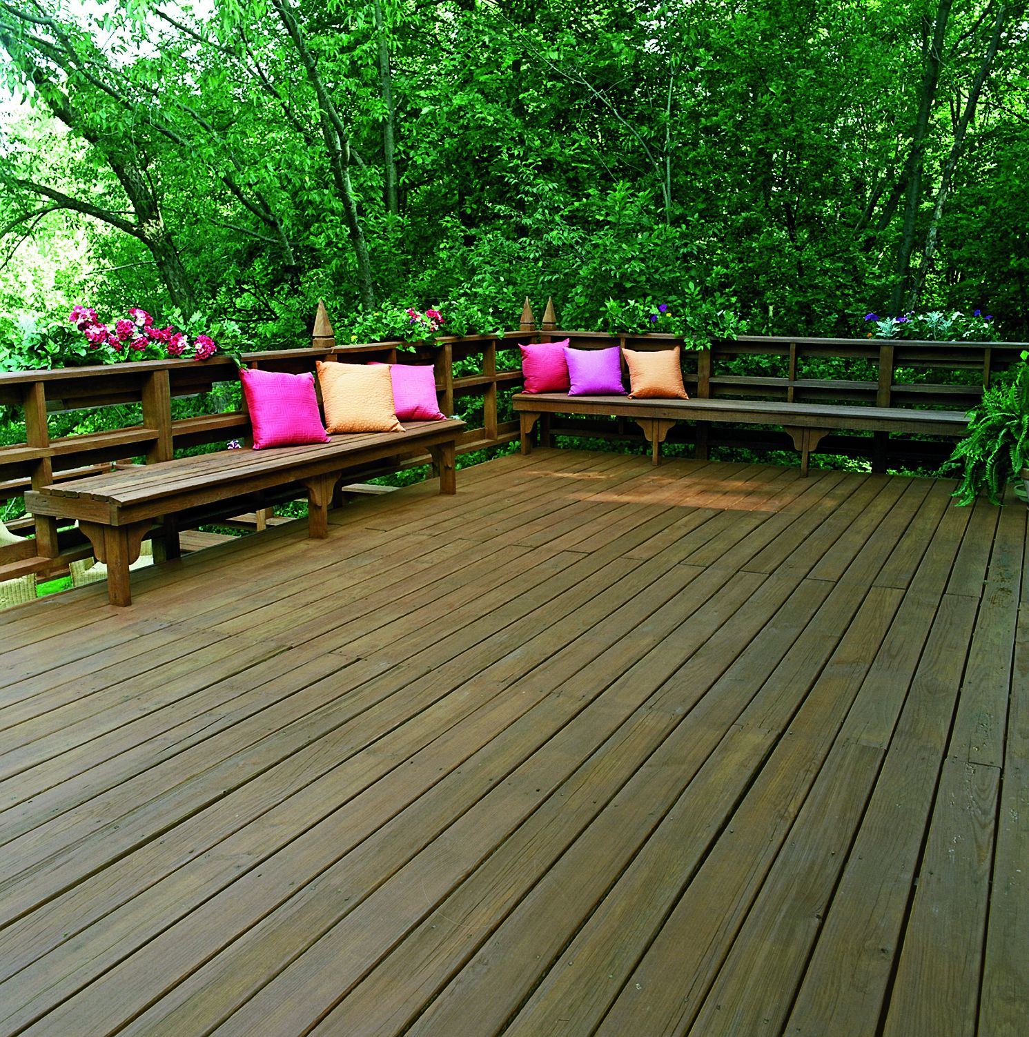 a deck with a brown stain applied