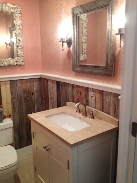 wood paneling added to the walls of a bathroom