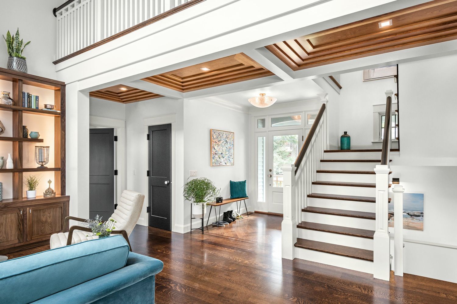Hardwood flooring installed in the entryway of a house