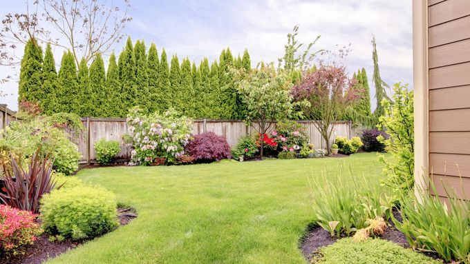 A landscaped yard with multiple gardens and trees.