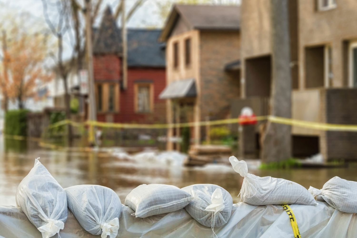 A pile of bags in front of taped off houses after a natural disaster.