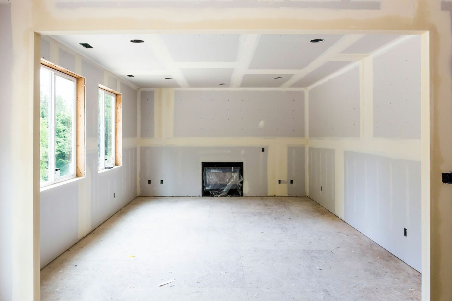 An empty room with fire-rated drywall
