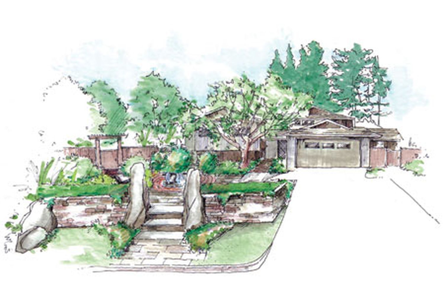 A driveway leading up to a home surrounded by plantlife.
