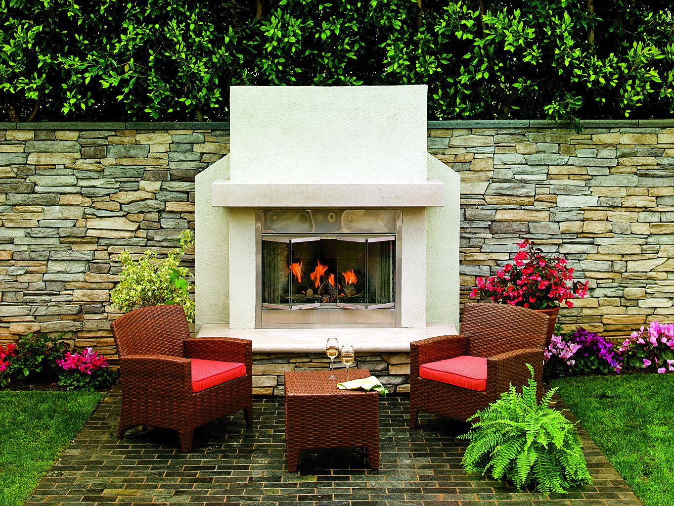 An outdoor gas fireplace.