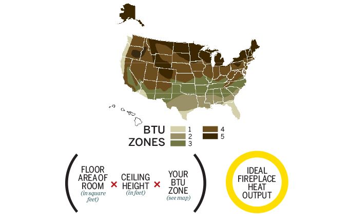 A map showing the ideal fireplace heat output of each state.